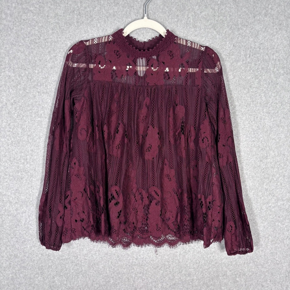 Burgundy Lace Sheer Peasant Top XS‎ Victorian Romantic Coquette Boho Whimsigoth